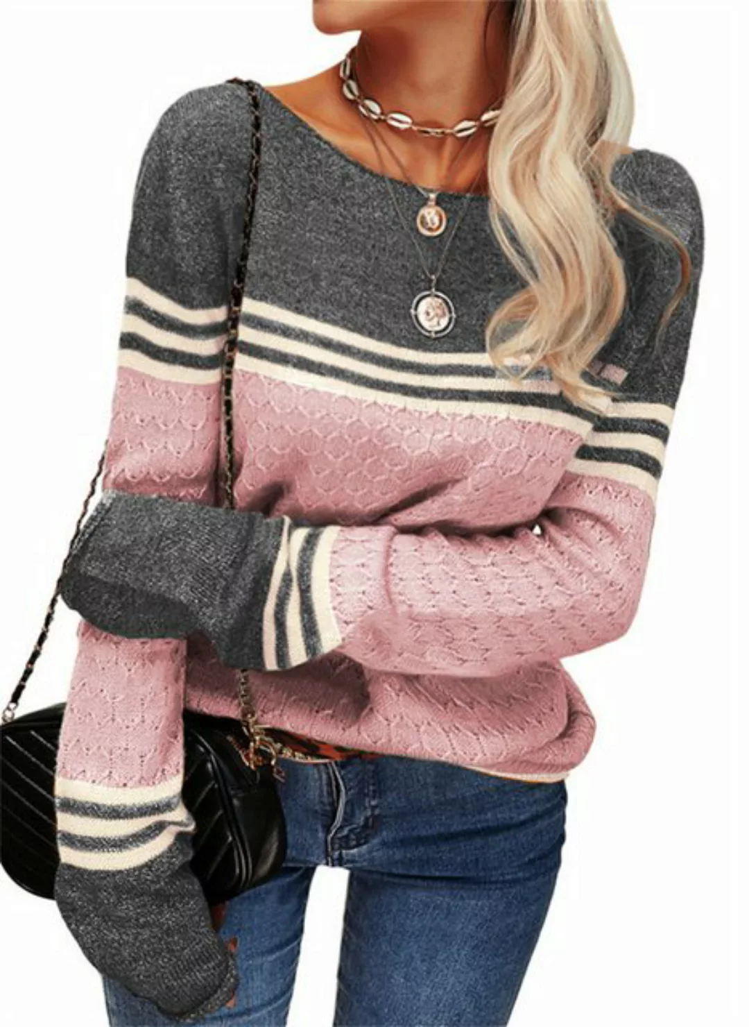RUZU UG 2-in-1-Pullover Gestreifter schmaler Strickpullover für Damen mit R günstig online kaufen