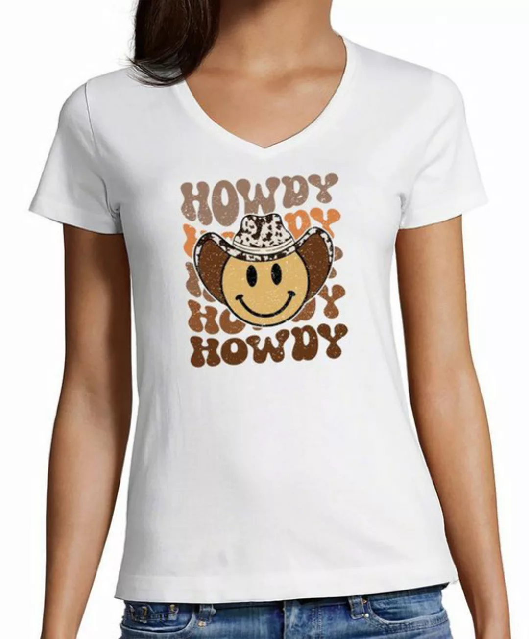 MyDesign24 T-Shirt Damen Smiley Print Shirt - Lächelnder Cowboy Smiley V-Au günstig online kaufen