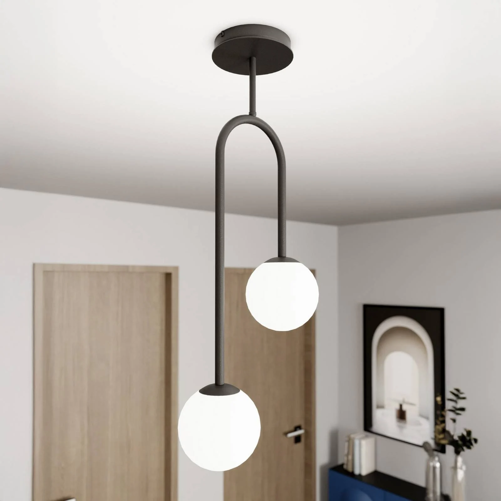 Deckenlampe Atria, opal/schwarz, Höhe 76 cm, Metall, 2-flg. günstig online kaufen