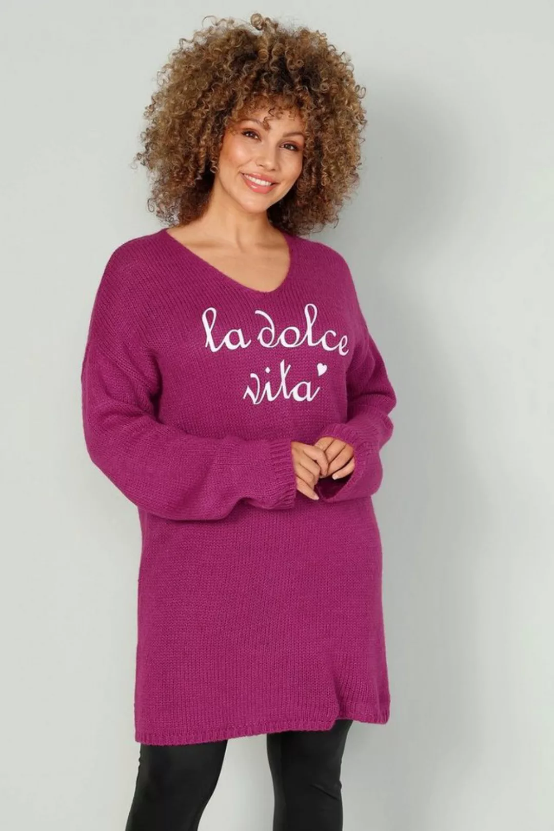 MIAMODA Strickpullover Long-Pullover Schriftzug V-Ausschnitt Langarm günstig online kaufen