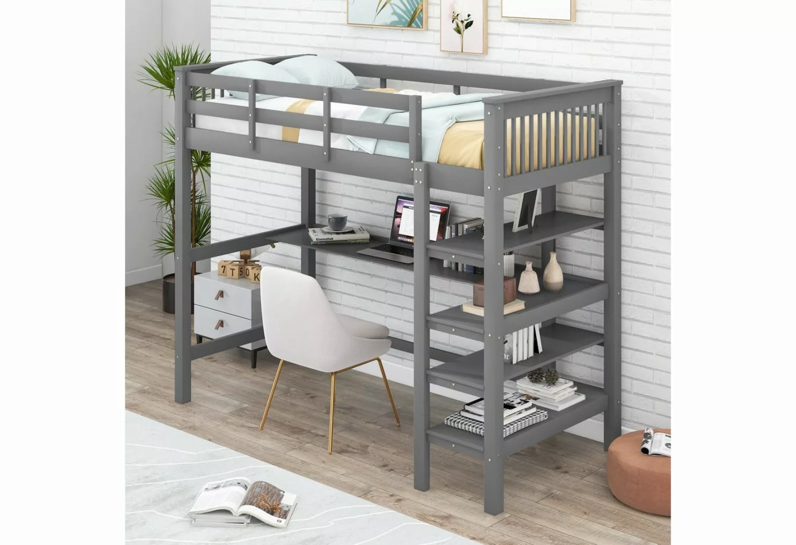 SOFTWEARY Hochbett Kinderbett mit Lattenrost (90x200 cm, Einzelbett mit Rau günstig online kaufen