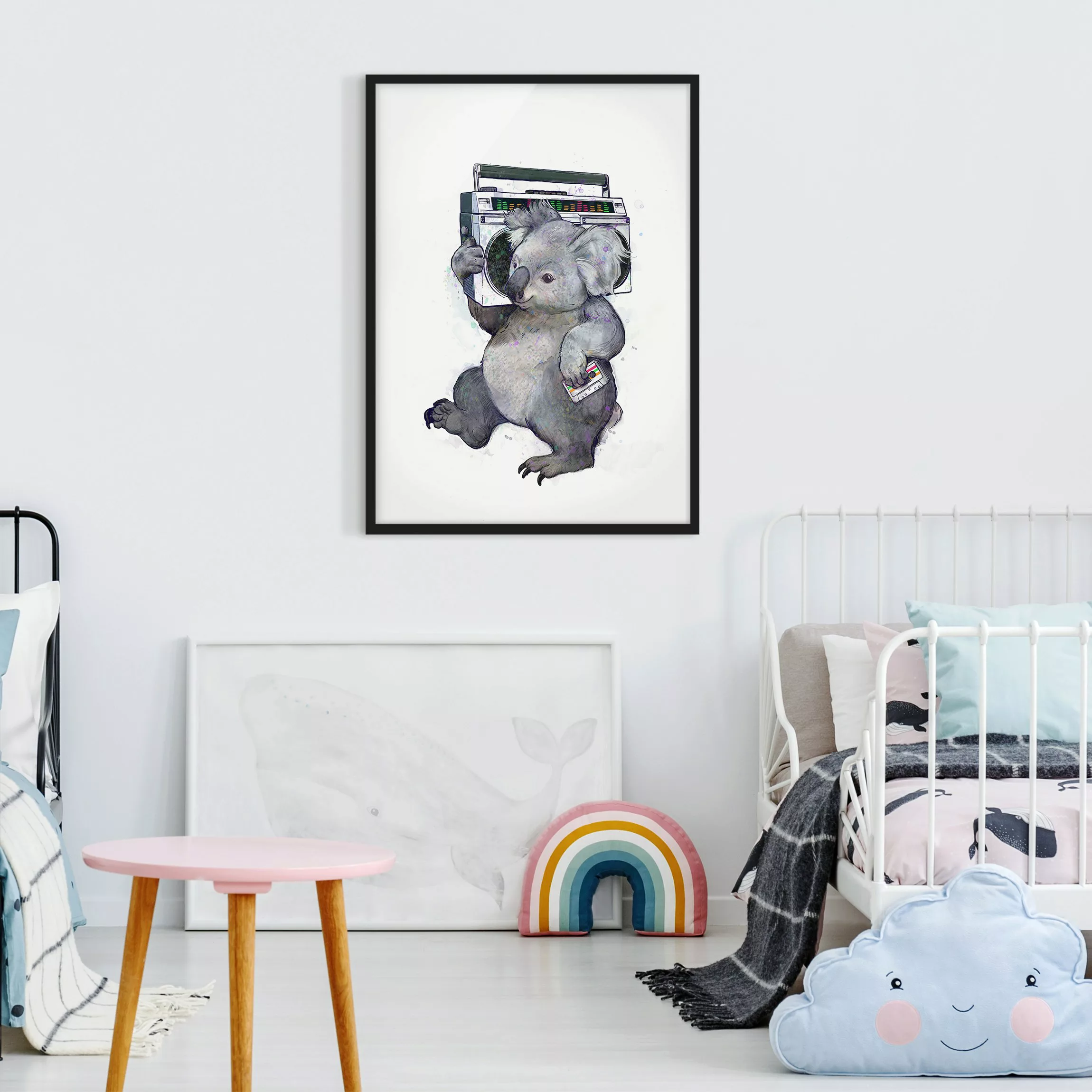 Bild mit Rahmen Tiere - Hochformat Illustration Koala mit Radio Malerei günstig online kaufen