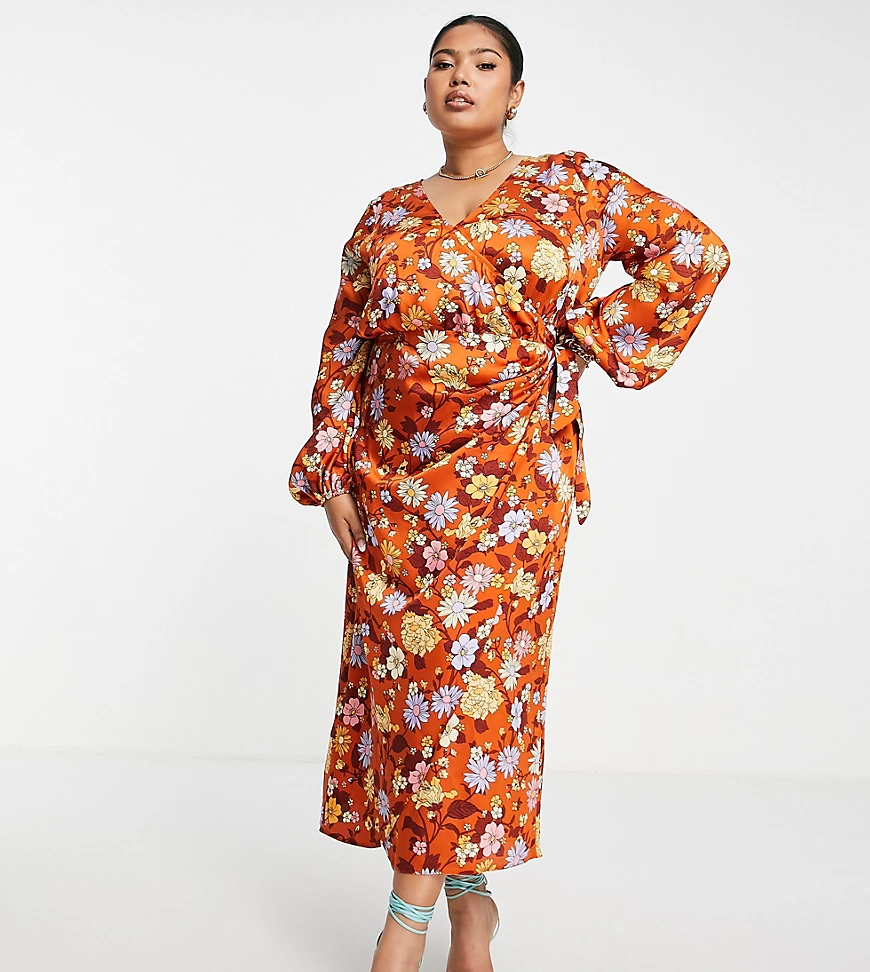 ASOS DESIGN Curve – Maxikleid aus Satin mit Wickeldesign und Blumenmuster i günstig online kaufen