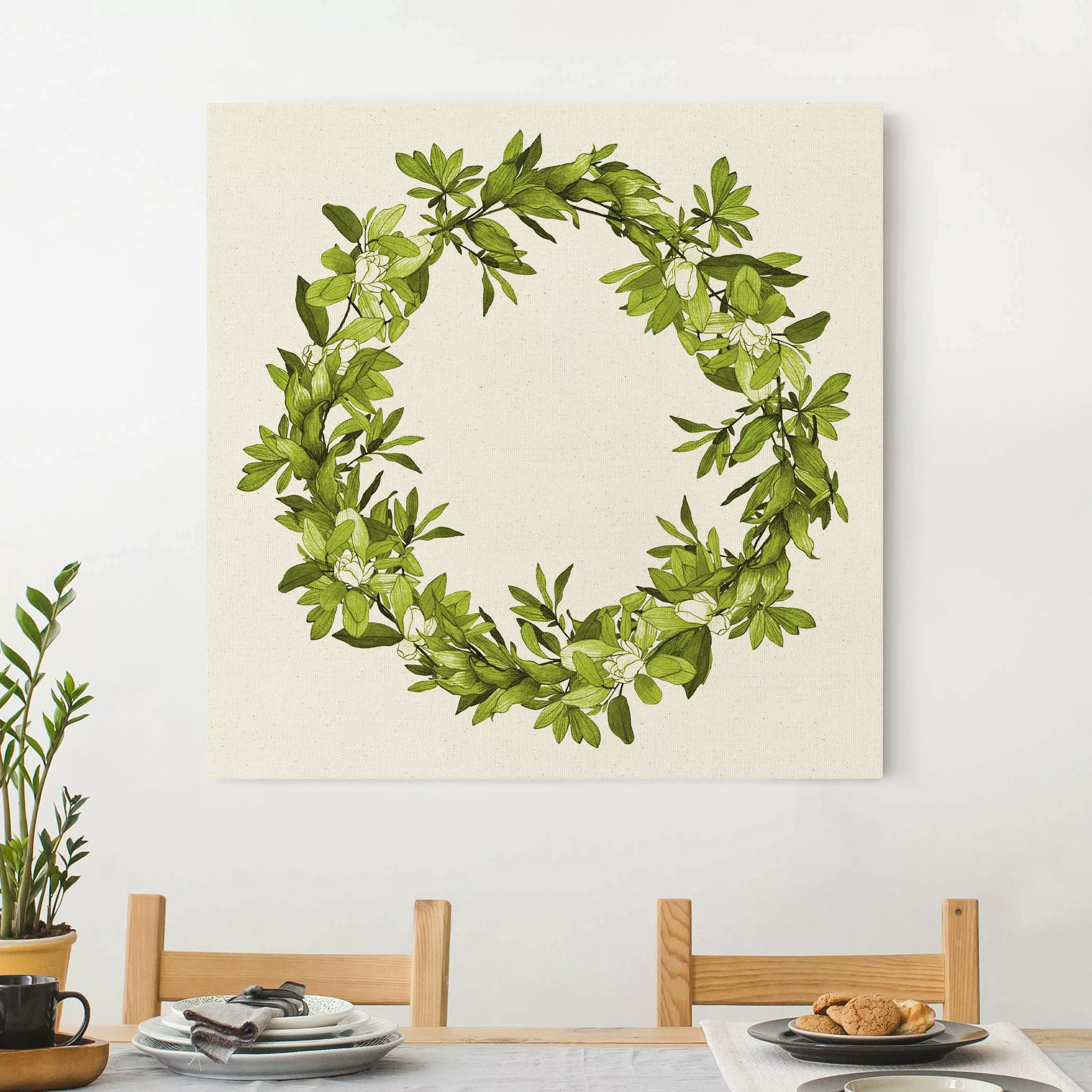 Leinwandbild auf Naturcanvas Romantischer Blütenkranz Grün günstig online kaufen