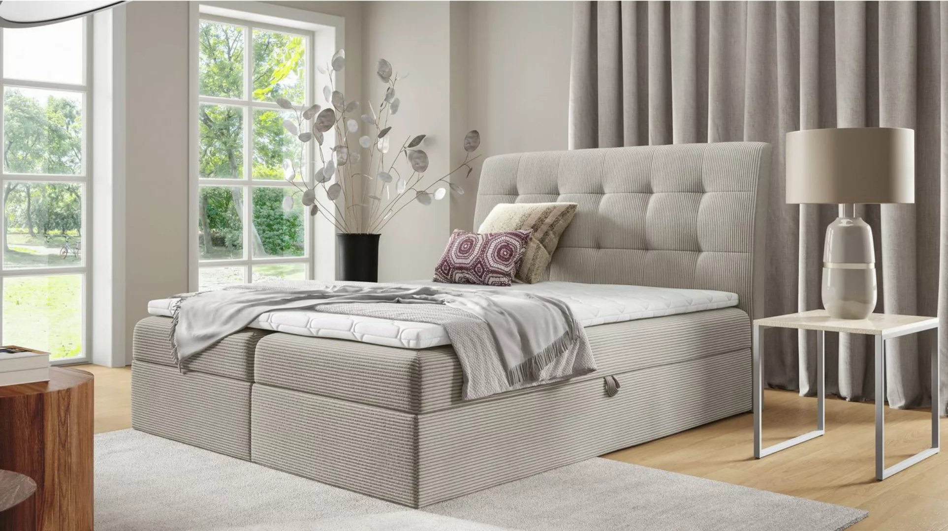 Massivart® Boxspringbett DIEGO 160 x 200 cm / Cordbezug / creme, Bettkästen günstig online kaufen