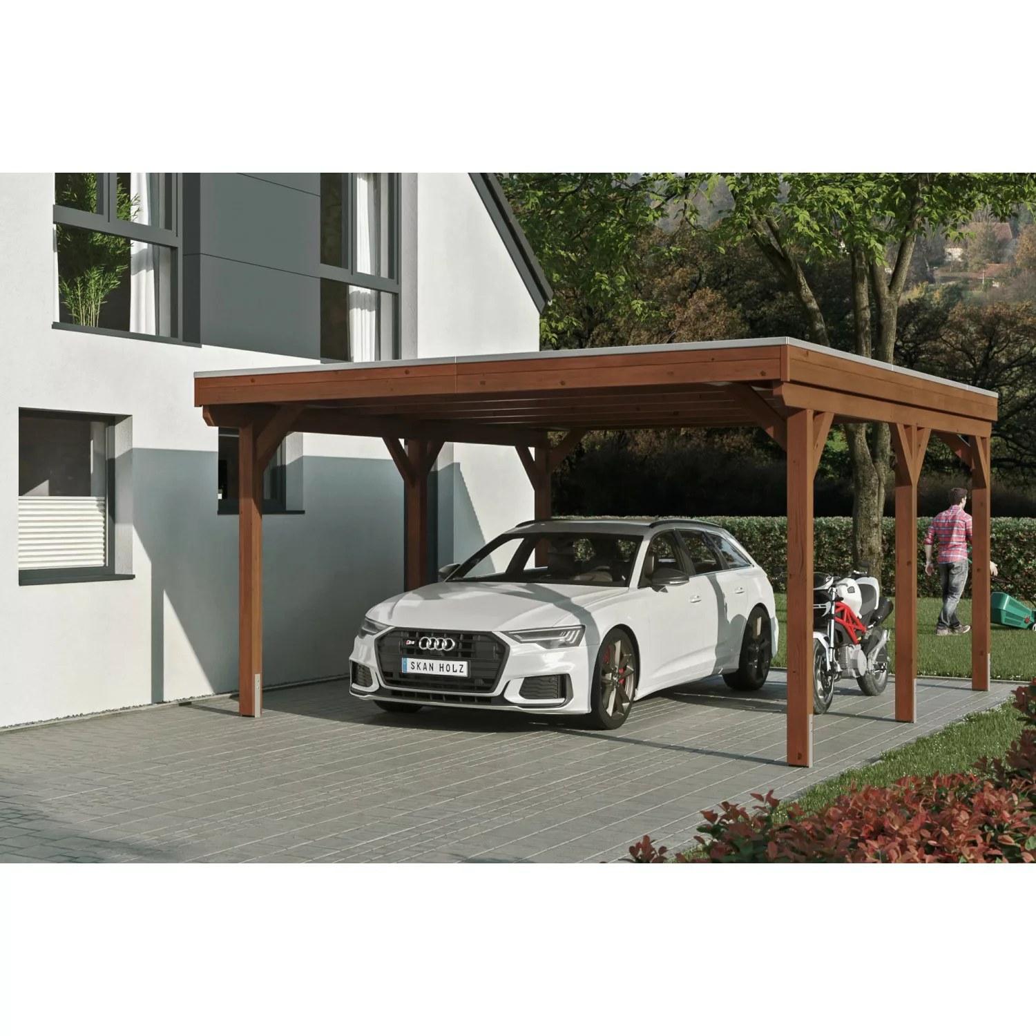 Skan Holz Carport Grunewald 427 cm x 554 cm mit Aluminiumdach Nussbaum günstig online kaufen