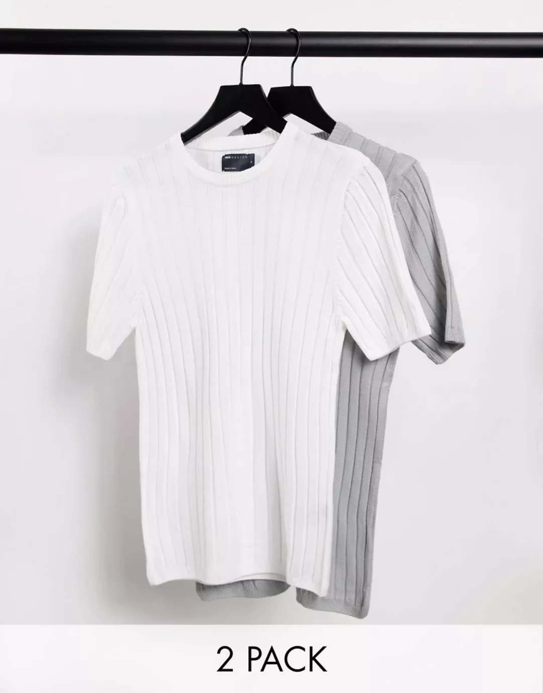 ASOS DESIGN – 2er-Pack gerippte T-Shirts aus Strick in Grau & Weiß-Mehrfarb günstig online kaufen