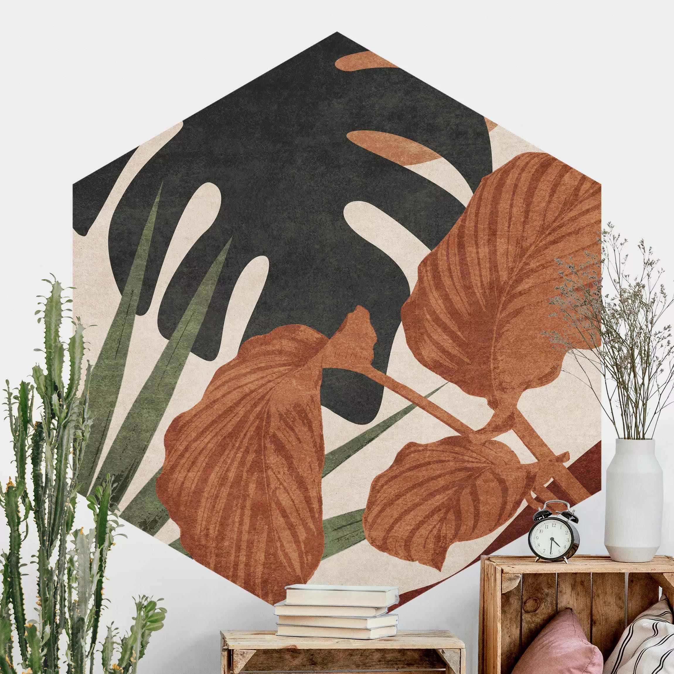 Hexagon Tapete selbstklebend Tropische Boho Blätter günstig online kaufen