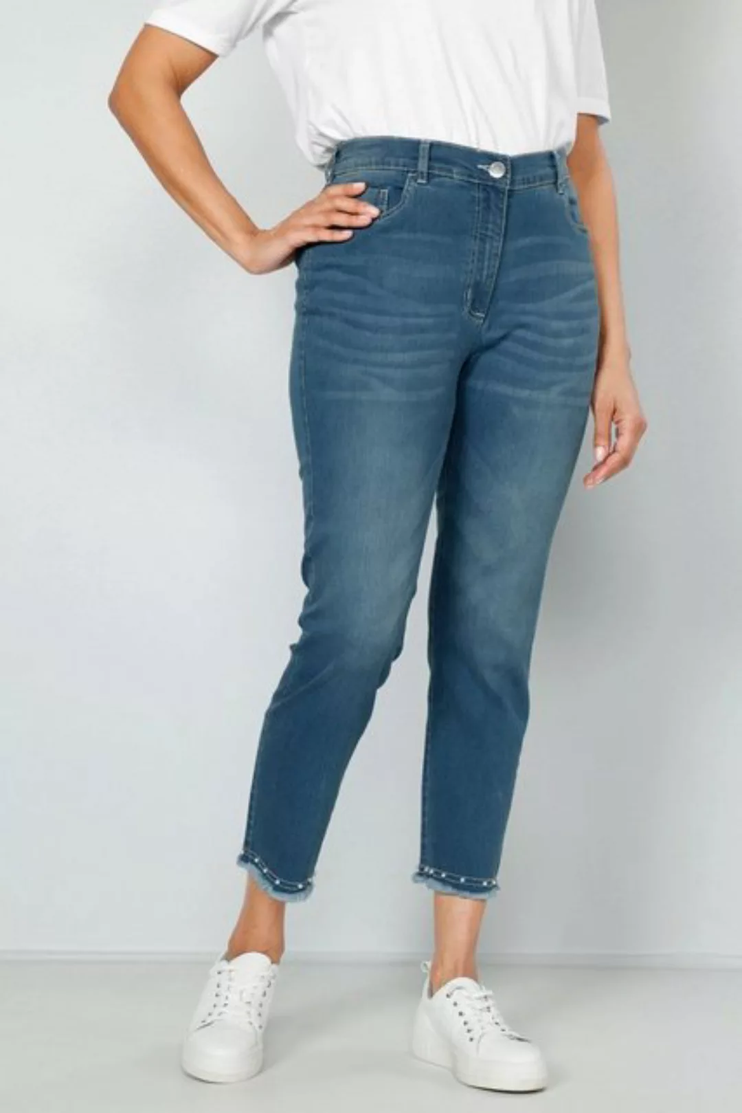 MIAMODA Röhrenjeans 7/8-Jeans Slim Fit Fransensaum mit Zierperlen günstig online kaufen