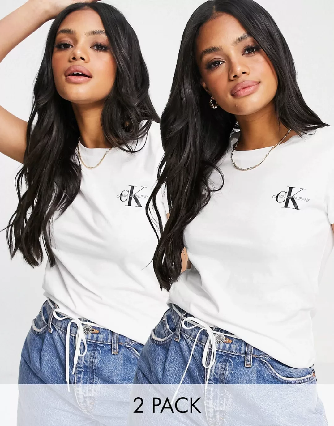 Calvin Klein Jeans – 2er-Pack T-Shirts in Weiß mit engem Schnitt günstig online kaufen