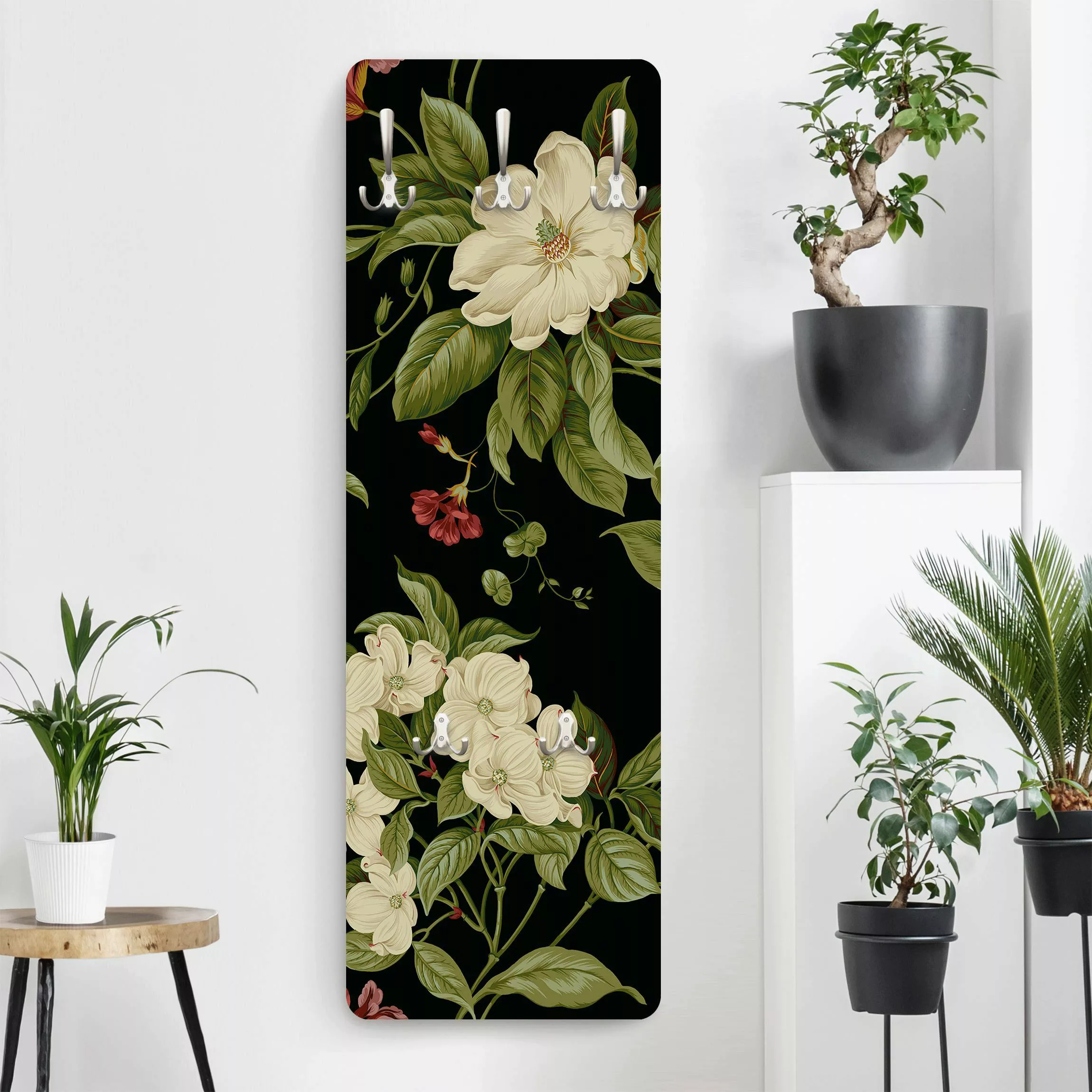 Wandgarderobe Holzpaneel Blumen Gartenblumen auf Schwarz I günstig online kaufen