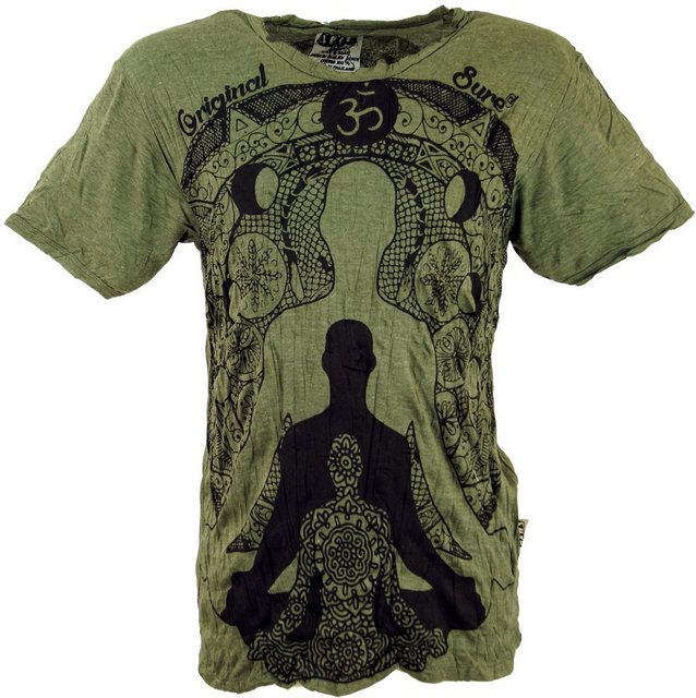 Guru-Shop T-Shirt Sure Herren T-Shirt Meditation Buddha - olive Goa Style, günstig online kaufen