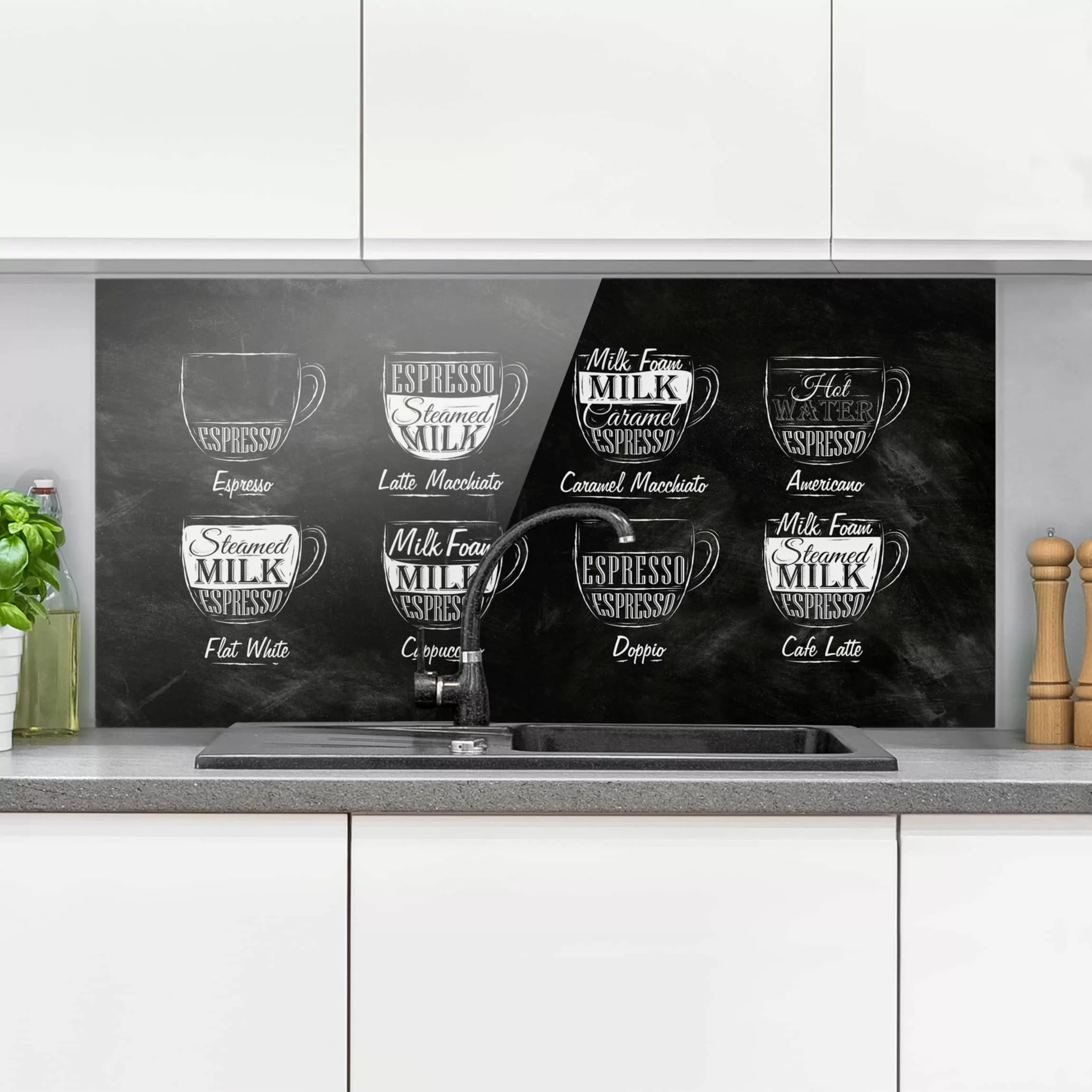 Glas Spritzschutz Kaffee - Querformat 2:1 Kaffeesorten Kreidetafel günstig online kaufen