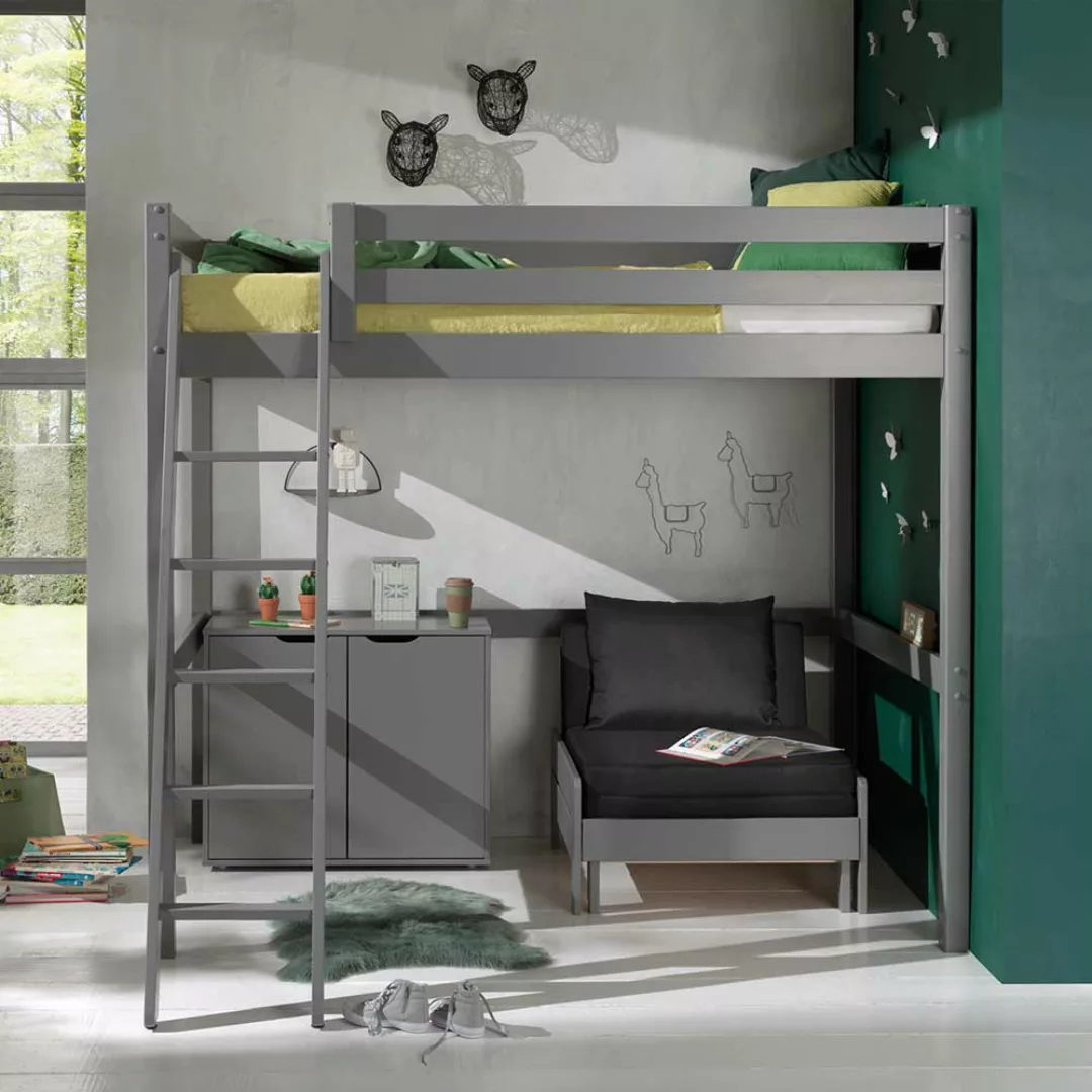 Kinderzimmerset aus Kiefer Massivholz Grau Schrank und Sessel (dreiteilig) günstig online kaufen