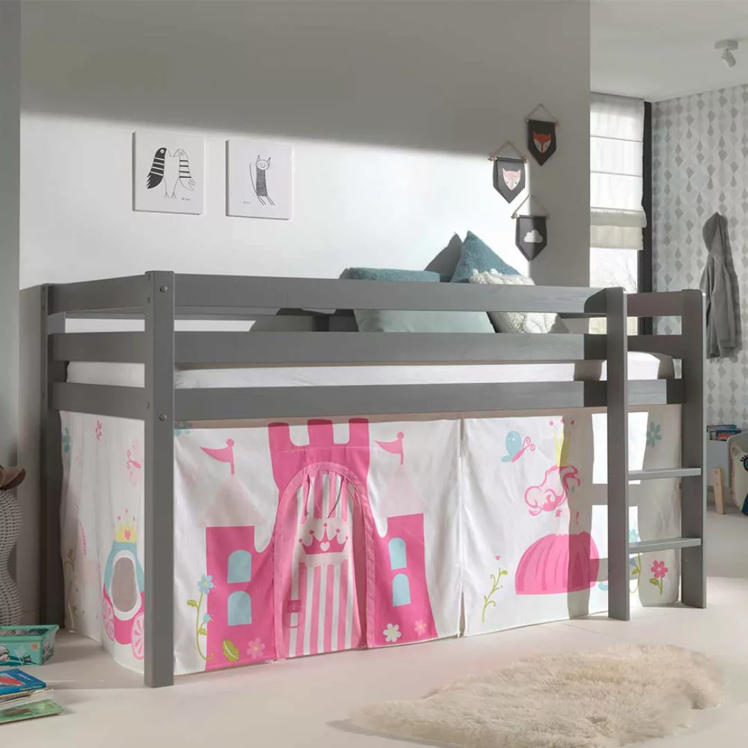 Mädchen Kinderzimmer Bett in Grau Pink Rosa Leiter und Vorhang günstig online kaufen
