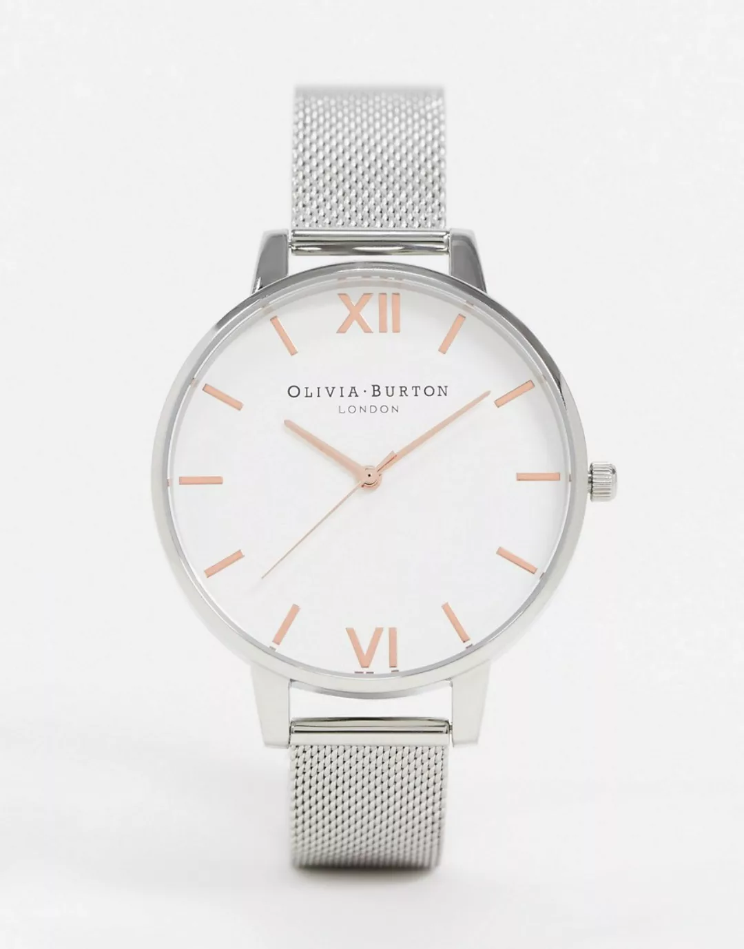 Olivia Burton – Uhr mit großem, weißem Zifferblatt und Netzarmband in Silbe günstig online kaufen