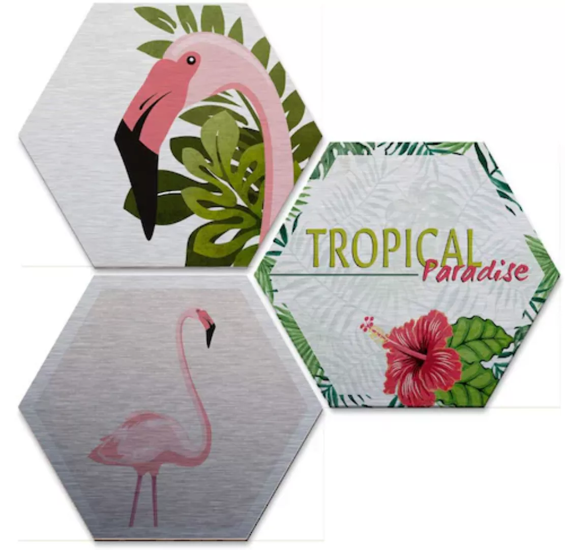 Wall-Art Mehrteilige Bilder »Silbereffekt Flamingo Set«, Grundriss, (Set, 3 günstig online kaufen