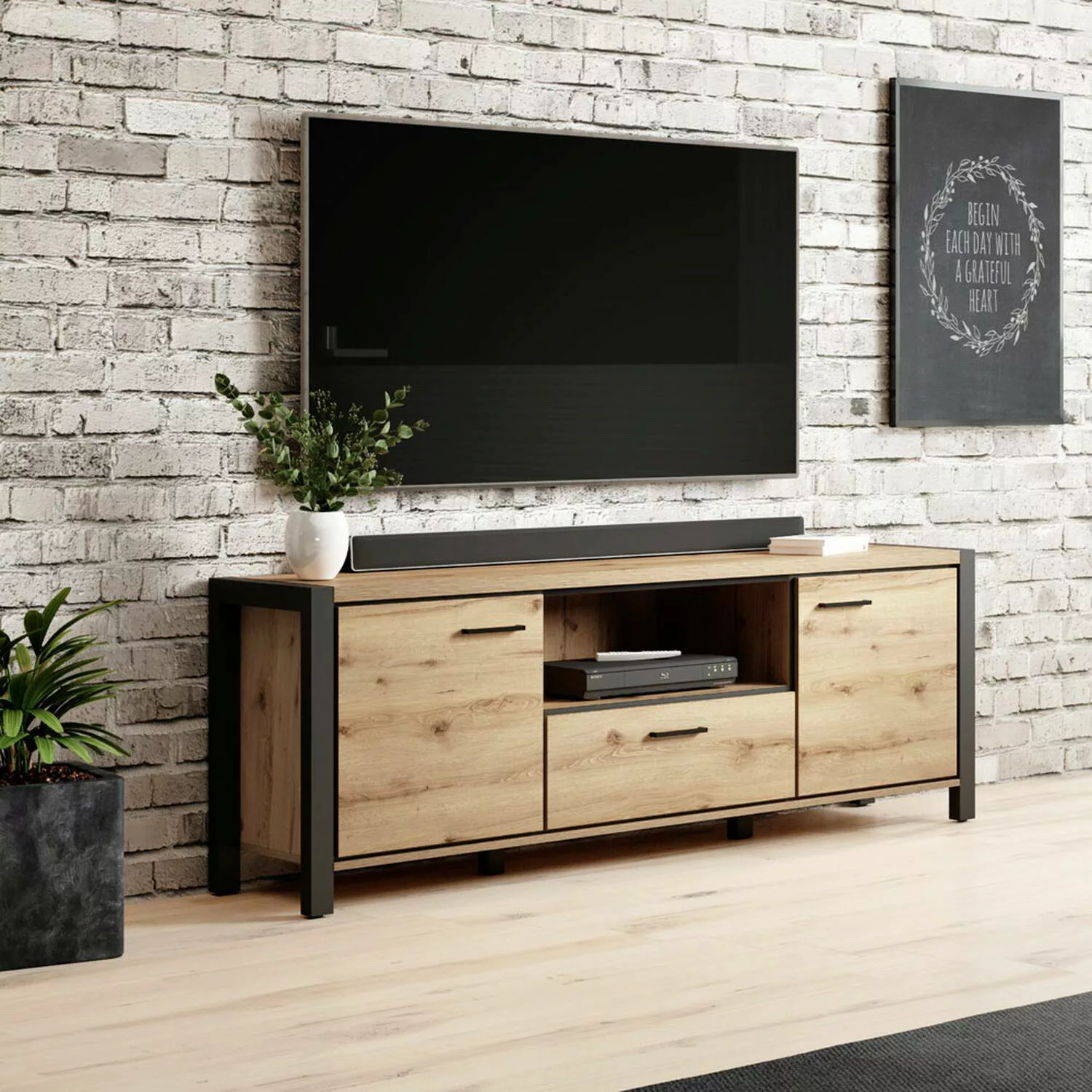Wohnzimmer Lowboard ACCRA-83 in Taurus Eiche Nb. und schwarzem Gestell, B/H günstig online kaufen