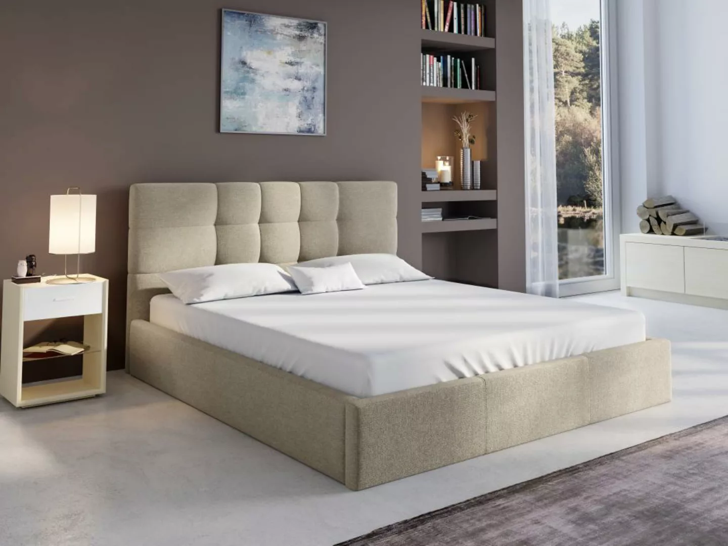 Polsterbett mit Bettkasten + Matratze - 140 x 190 cm - Stoff - Beige - ELIA günstig online kaufen