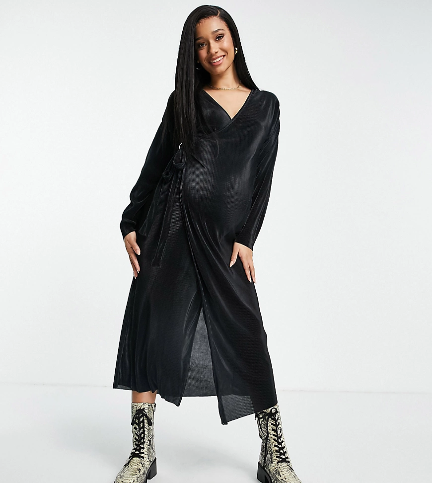 Topshop Maternity – Midikleid in Wickeloptik in Schwarz mit Falten günstig online kaufen