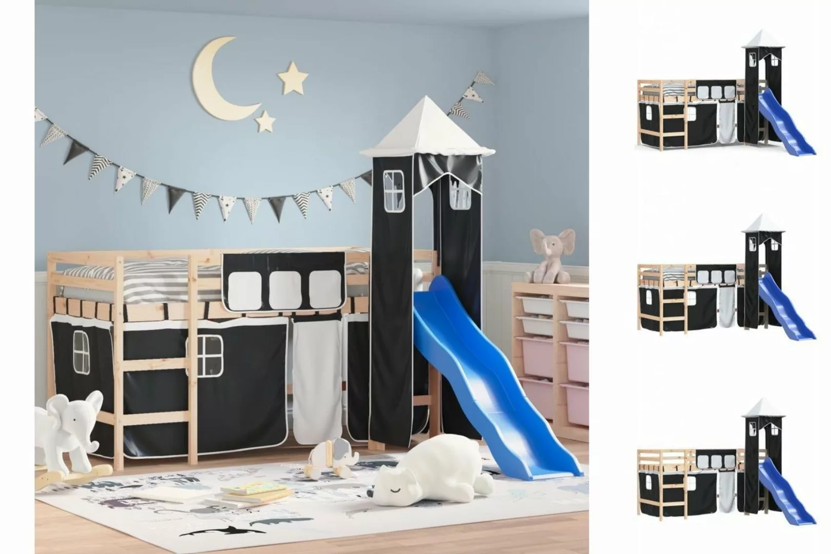 vidaXL Kinderbett Kinderhochbett mit Turm Weiß Schwarz 80x200 cm Kiefernhol günstig online kaufen