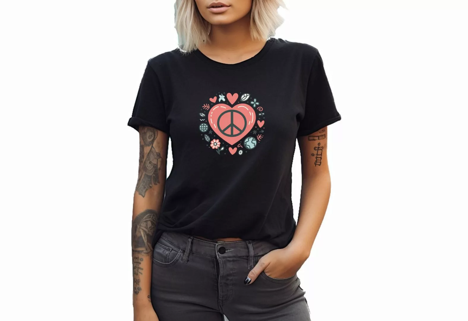 Banco T-Shirt Damen Herz Frieden Liebe Sommershirt Kurzarm Größen XS - 6XL, günstig online kaufen