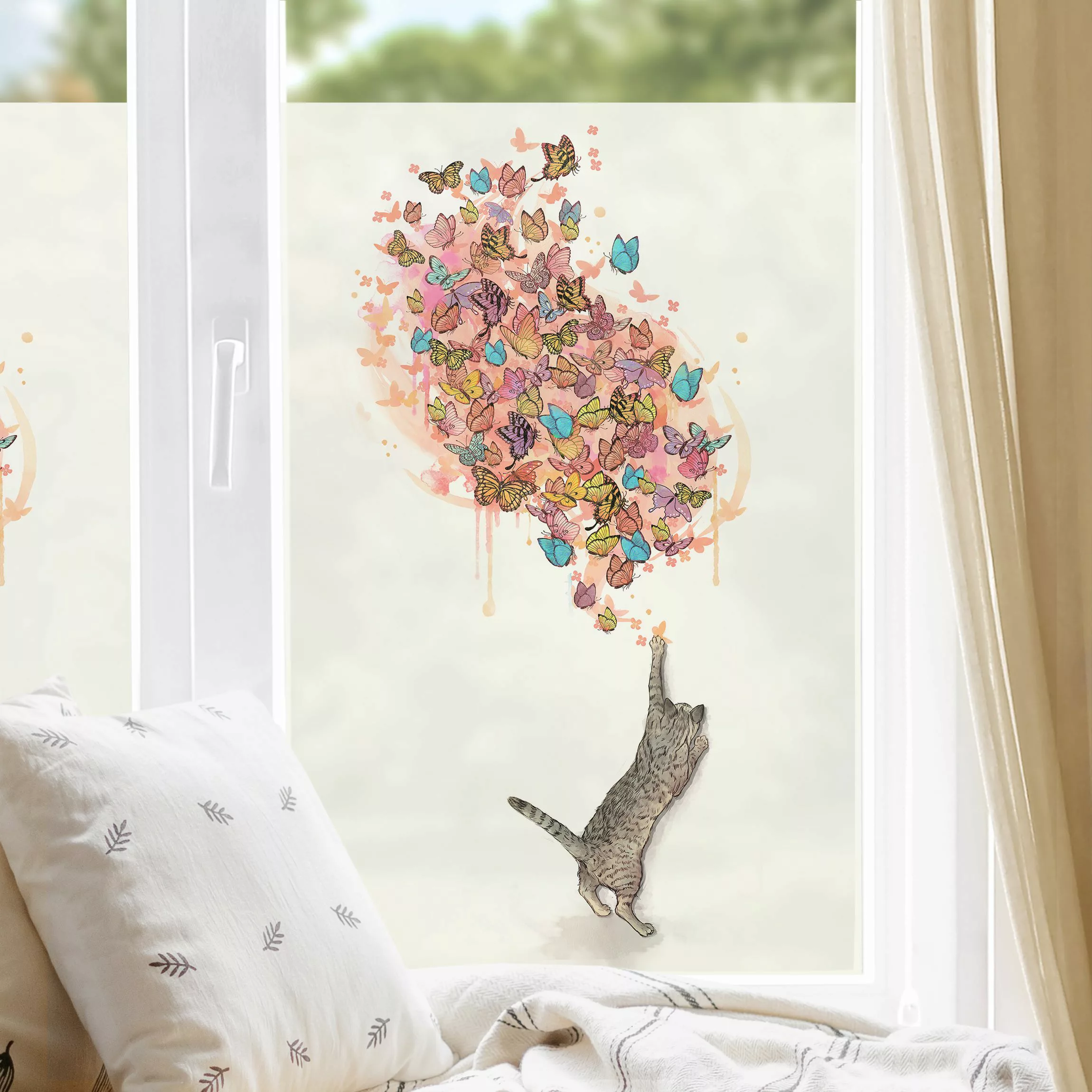 Fensterfolie Illustration Katze mit bunten Schmetterlingen Malerei günstig online kaufen