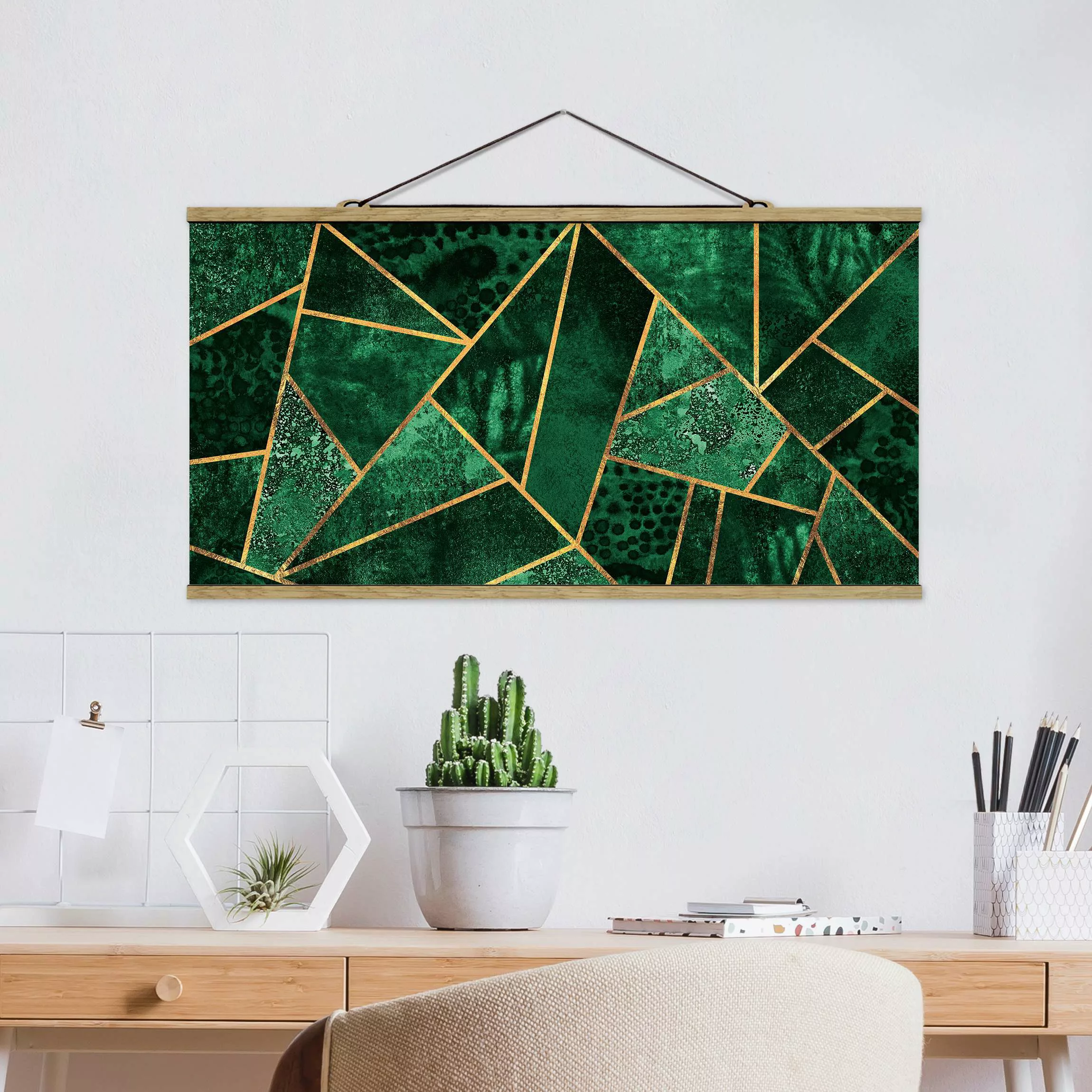 Stoffbild Abstrakt mit Posterleisten - Querformat Dunkler Smaragd mit Gold günstig online kaufen