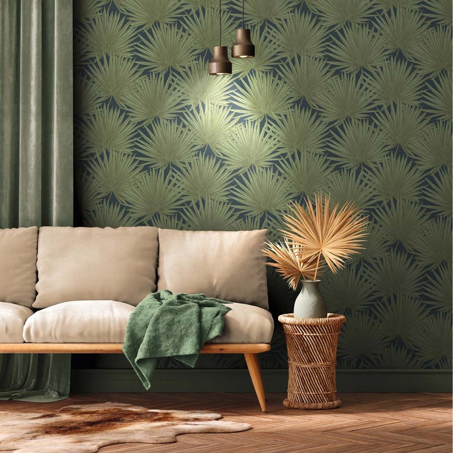 Bricoflor Tapete Blau Grün mit Muster Palmen Vliestapete für Schlafzimmer u günstig online kaufen