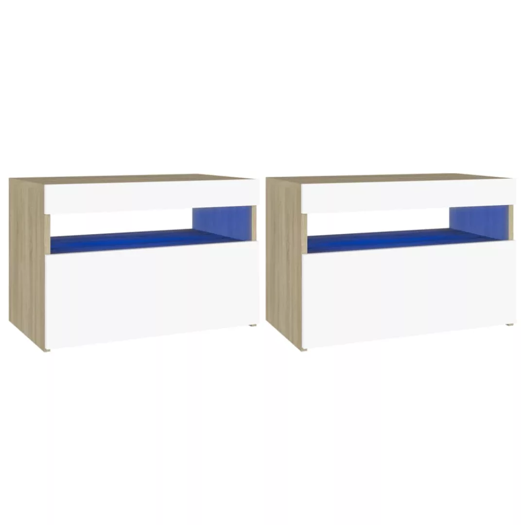Nachttisch Mit Led-leuchten 2 Stk. Weiß Sonoma-eiche 60x35x40cm günstig online kaufen