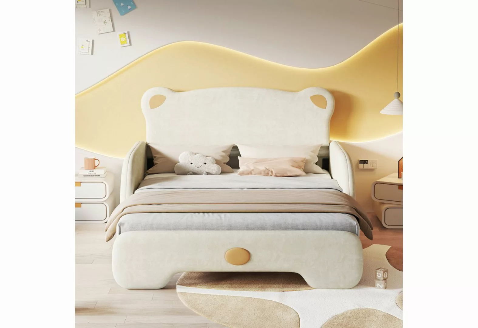 KoDise Kinderbett in Bärenform mit weichen Schutzkanten, Samt, Beige 140x11 günstig online kaufen