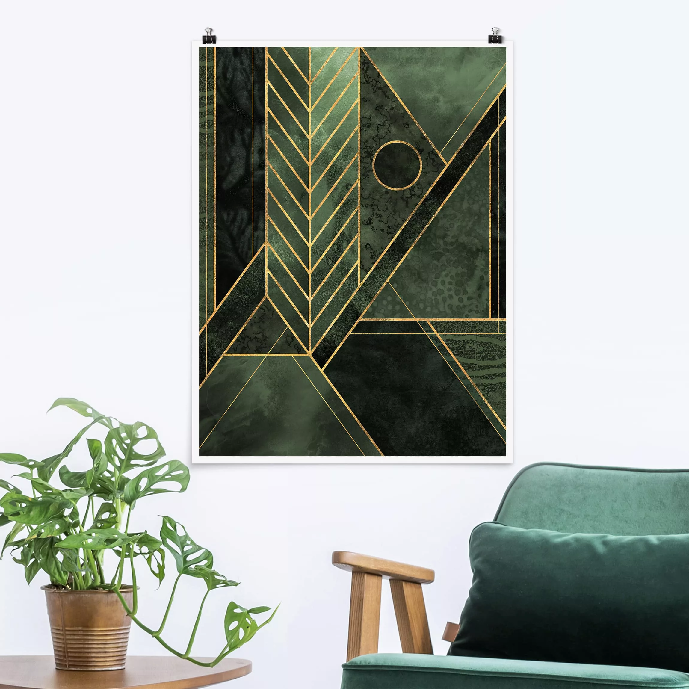 Poster Kunstdruck - Hochformat Geometrische Formen Smaragd Gold günstig online kaufen
