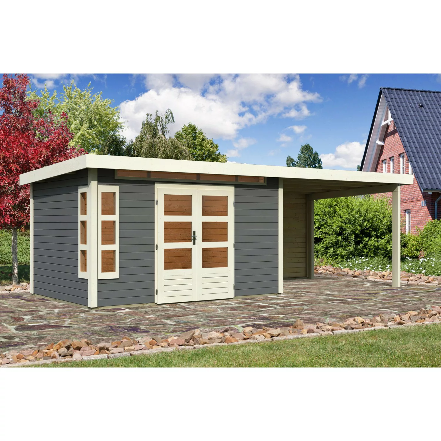 Karibu Holz-Gartenhaus/Gerätehaus Kastberg Terragrau Flachdach Lackiert 360 günstig online kaufen