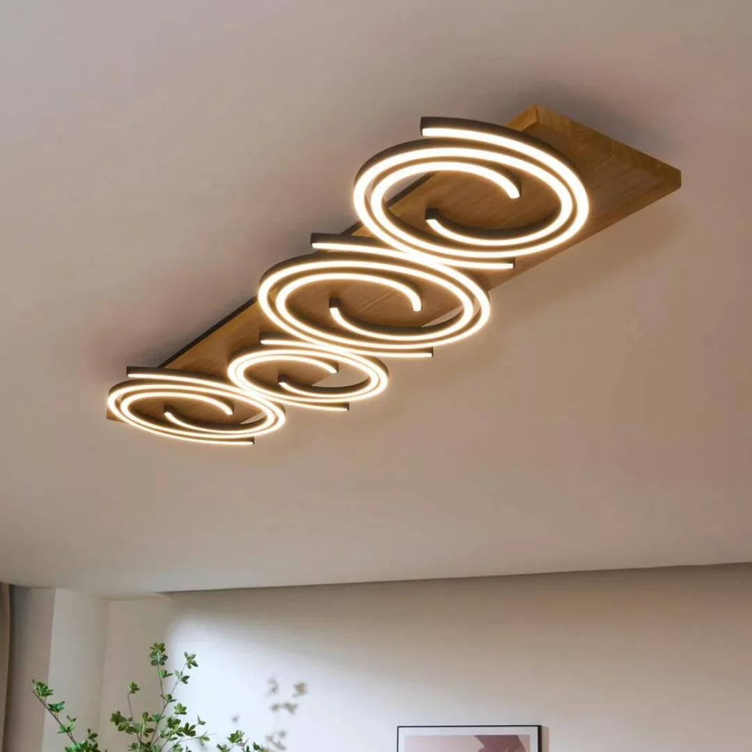 LED-Deckenleuchte Rifia, braun, Länge 115 cm, 4-flg., Holz günstig online kaufen