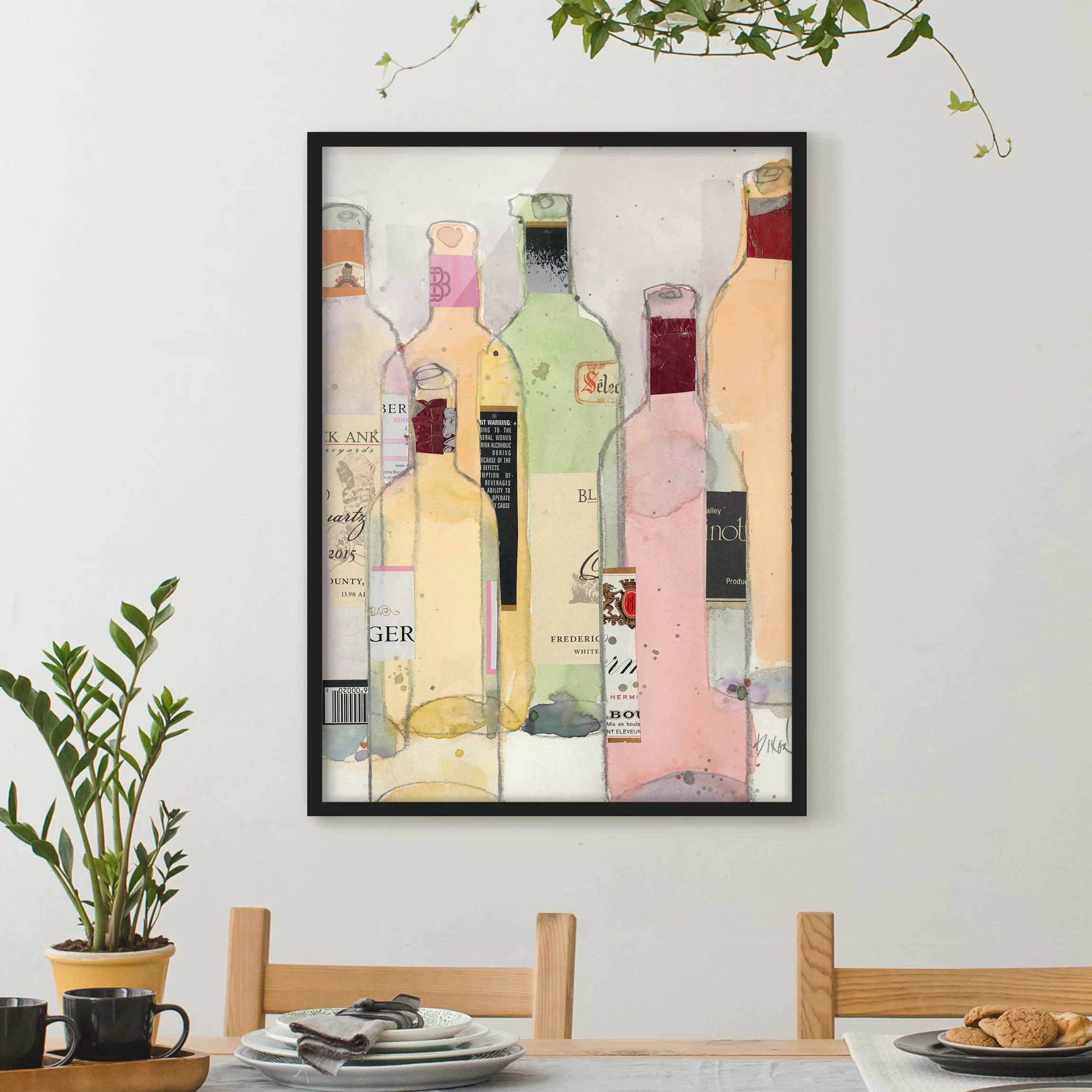 Bild mit Rahmen Küche - Hochformat Weinflaschen in Wasserfarbe I günstig online kaufen