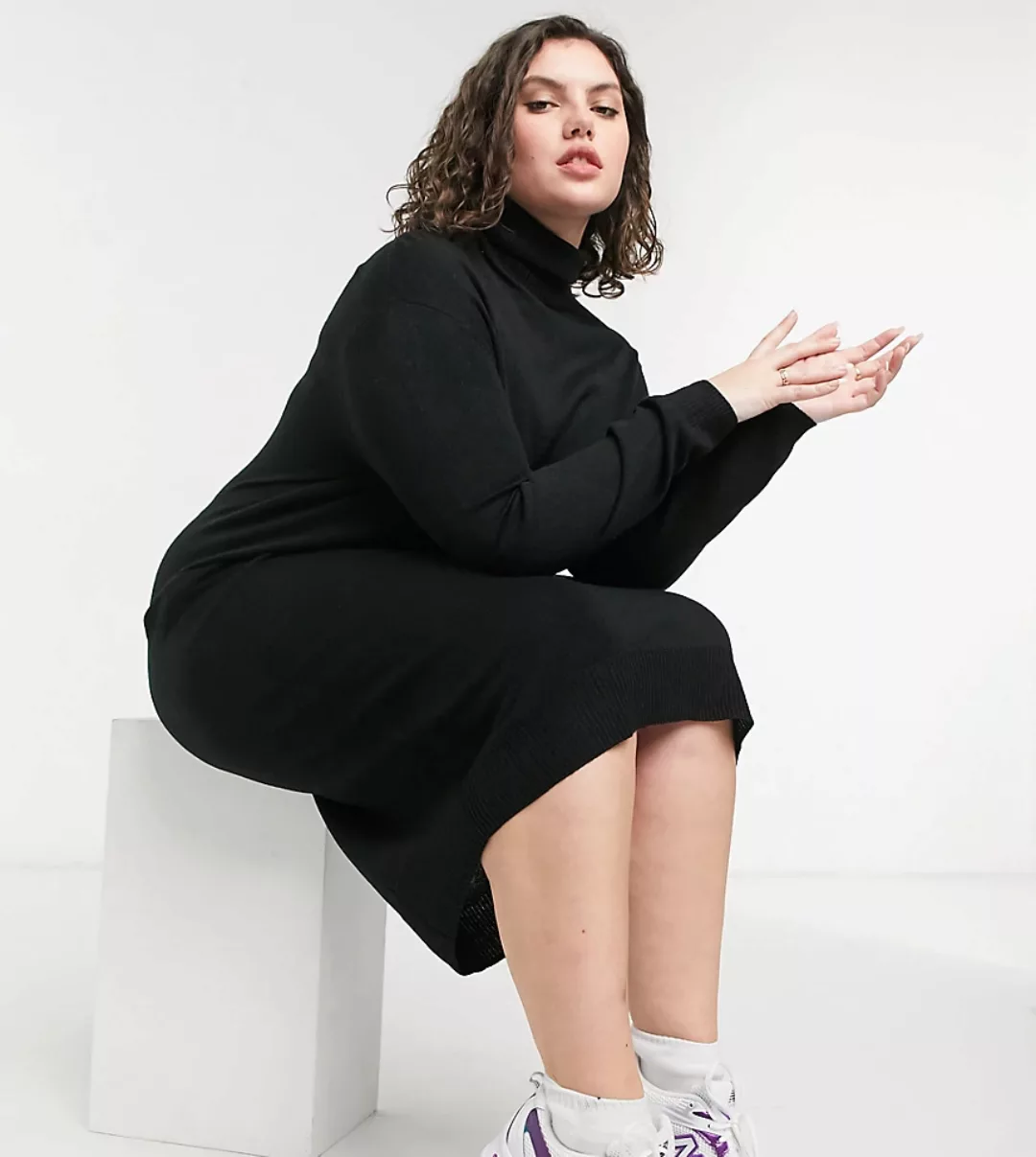 COLLUSION Plus – Schwarzes Pulloverkleid mit Rollkragen günstig online kaufen