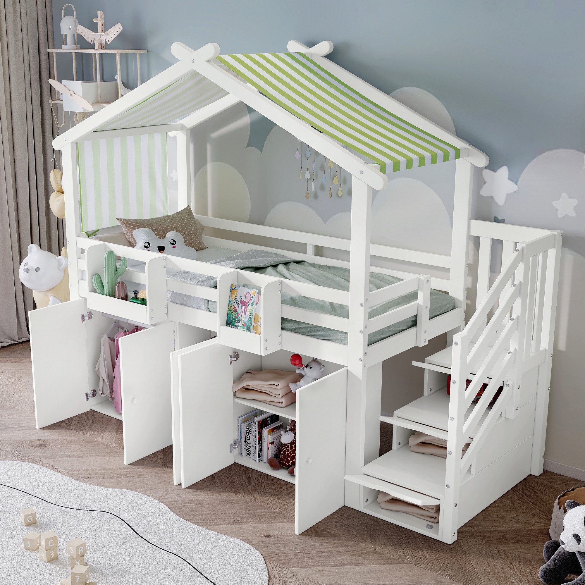 Flieks Hochbett Kinderbett 90x200cm mit Vorhang, günstig online kaufen