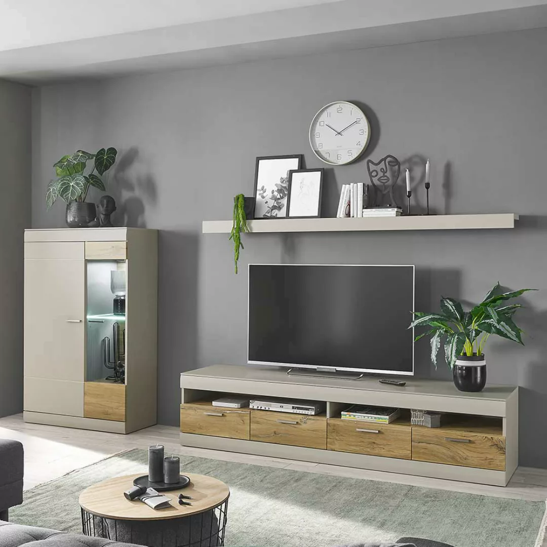 Wohnzimmer Anbauwand modern in Hellgrau Zinneichefarben (dreiteilig) günstig online kaufen