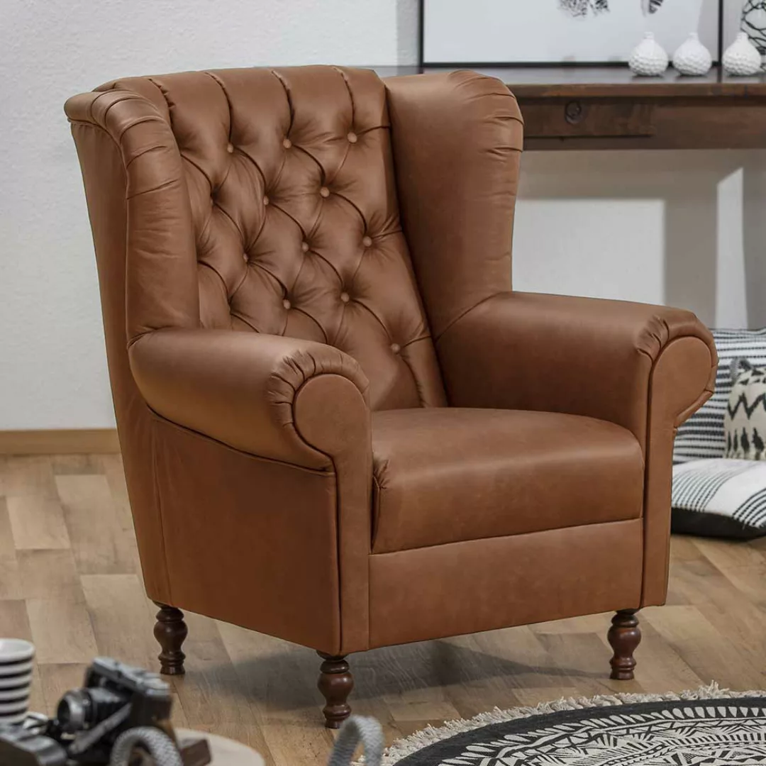 Leder Ohrensessel in Cognac Braun Chesterfield Look günstig online kaufen