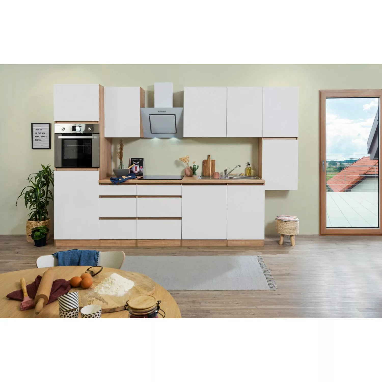 Respekta Küchenzeile ohne E-Geräte 330 cm Grifflos Weiß Matt-Eiche Sägerau günstig online kaufen