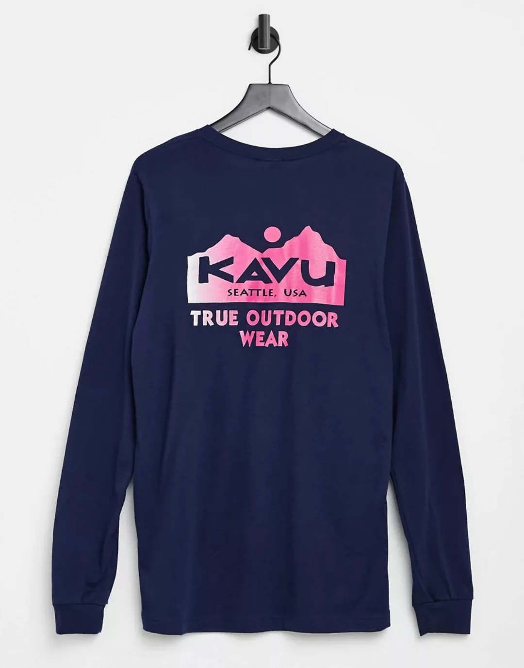 Kavu – Langärmliges Shirt mit Logo und Rückenprint in Marineblau-Rosa günstig online kaufen