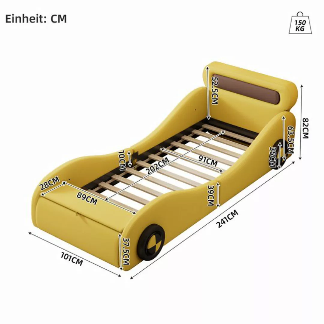 Flieks Polsterbett, Autobett Kinderbett mit leuchtenden Rädern und Stauraum günstig online kaufen