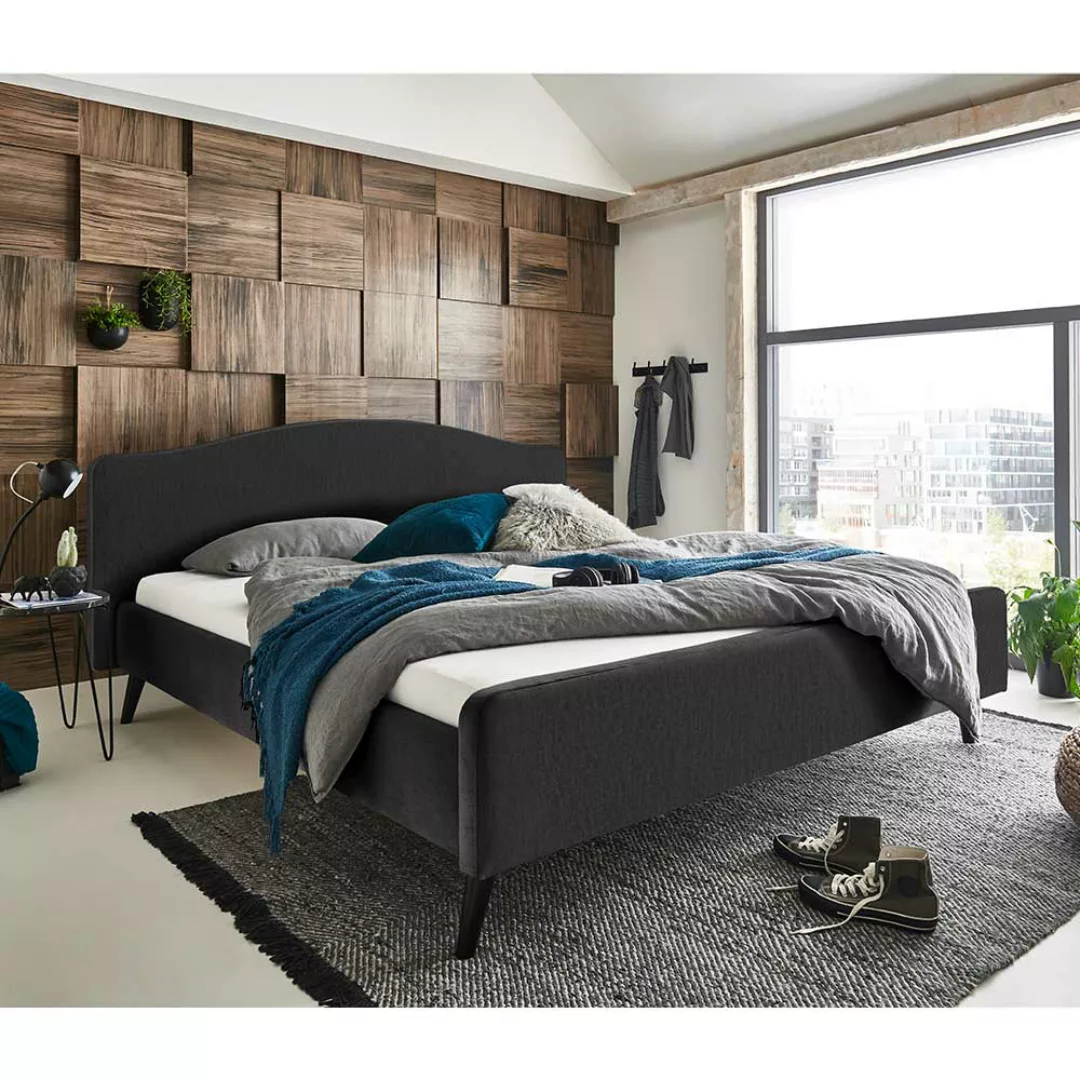 Gepolstertes Bett in Anthrazit Velours Vierfußgestell aus Holz günstig online kaufen
