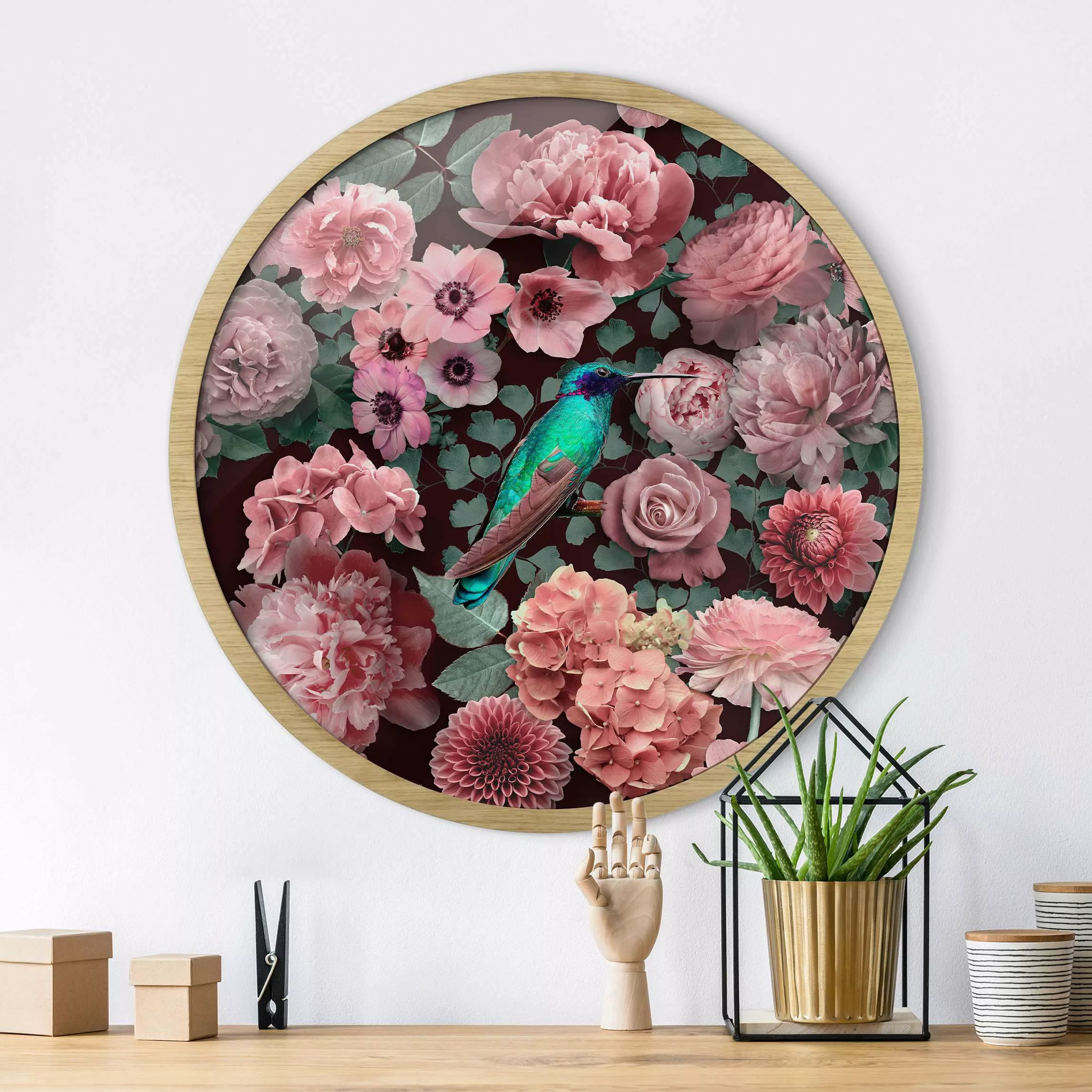 Rundes Gerahmtes Bild Blumenparadies Kolibri mit Rosen günstig online kaufen