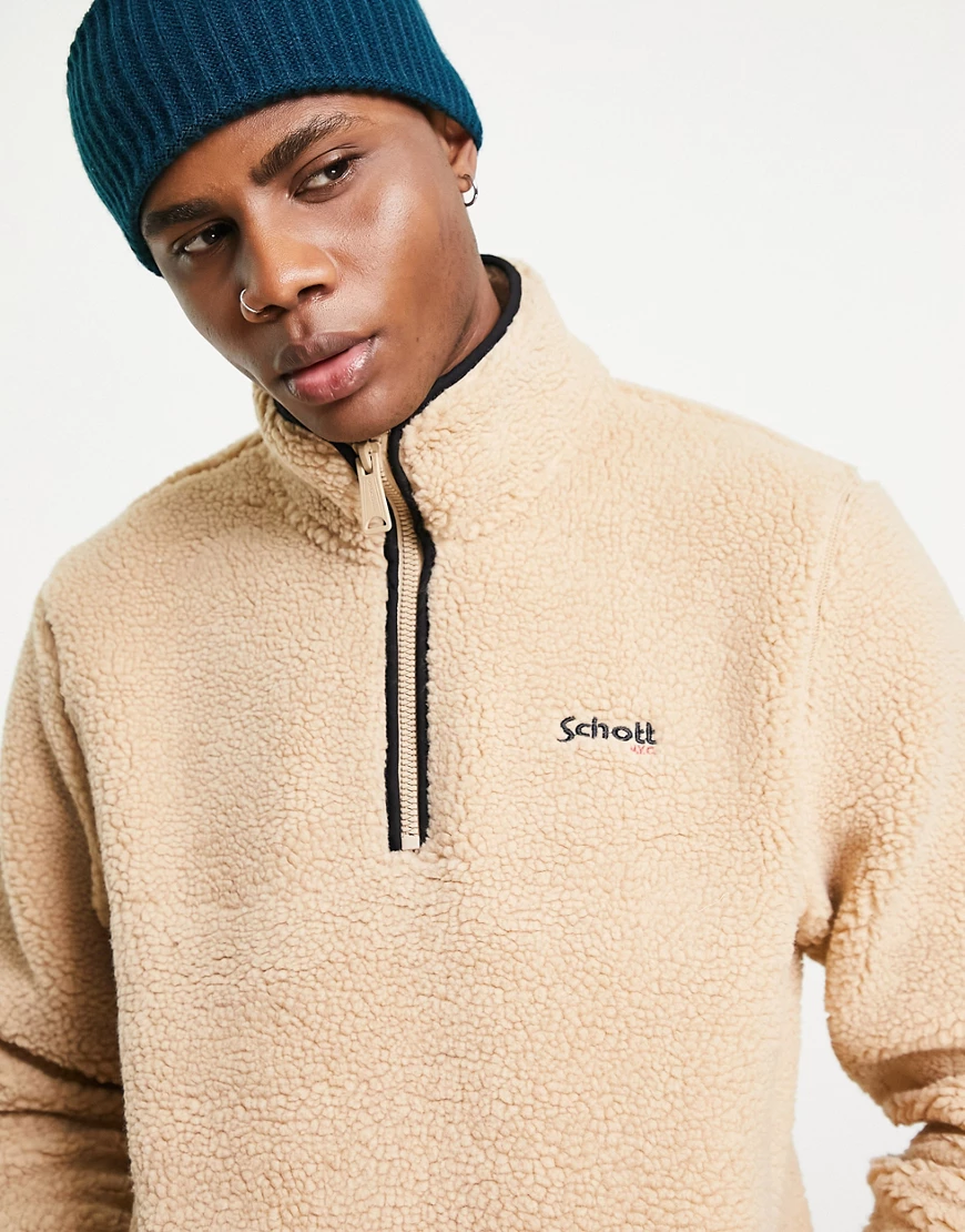 Schott – Andric – Sweatshirt aus Sherpa-Fleece in Beige mit kurzem Reißvers günstig online kaufen