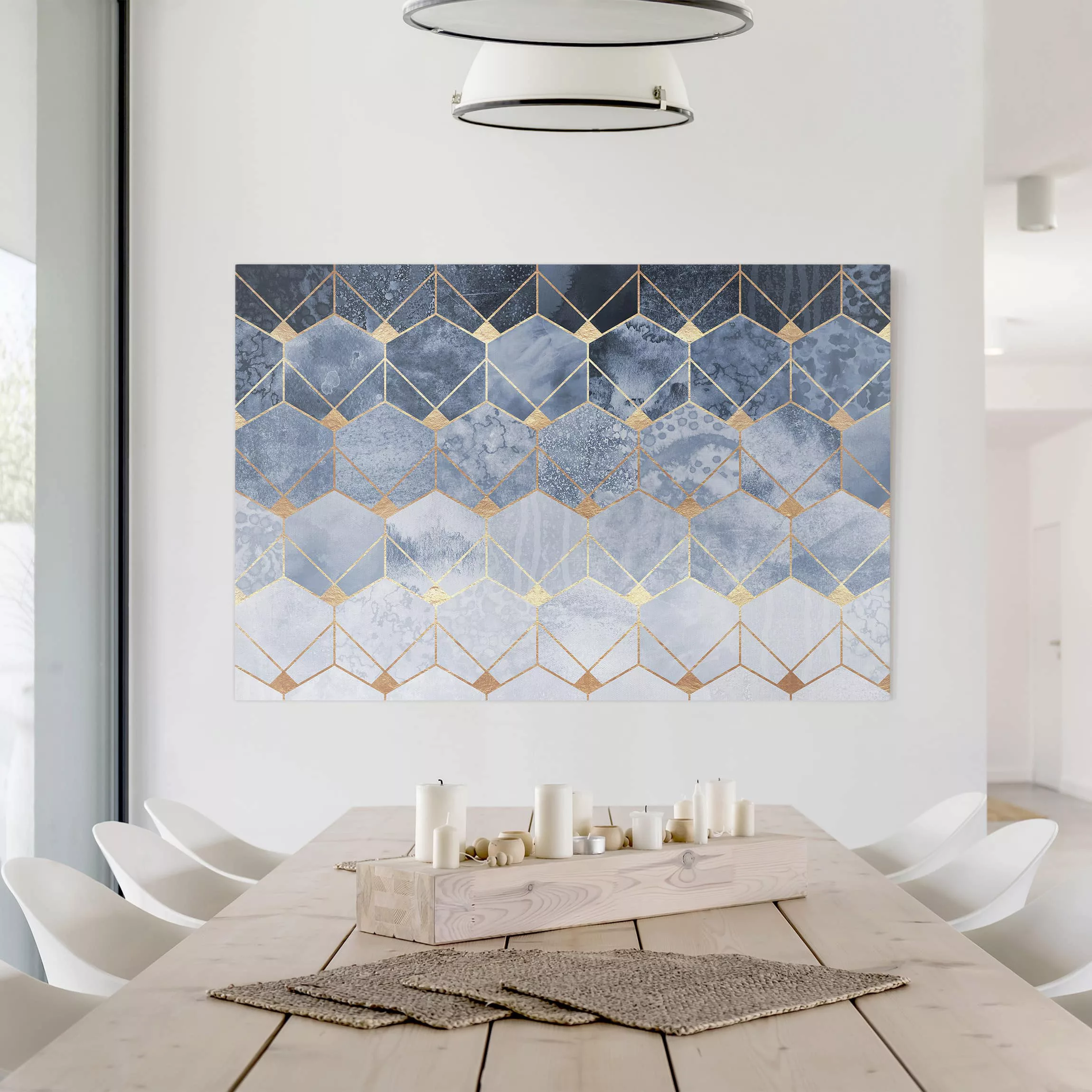 Leinwandbild Abstrakt - Querformat Blaue Geometrie goldenes Art Deco günstig online kaufen