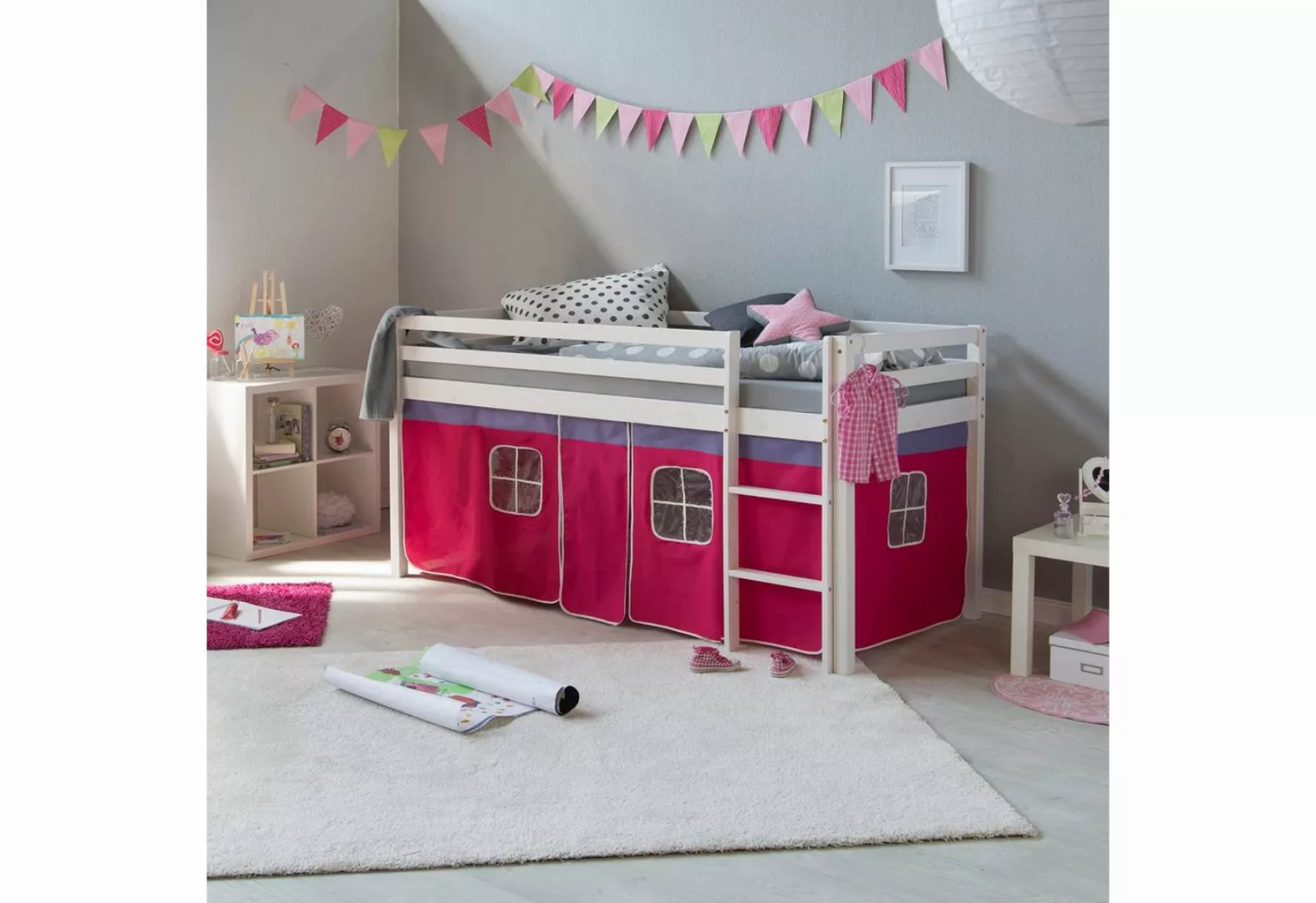 Homestyle4u Hochbett 90x200 cm Kinderbett Weiß Kiefer mit Vorhang Pink günstig online kaufen