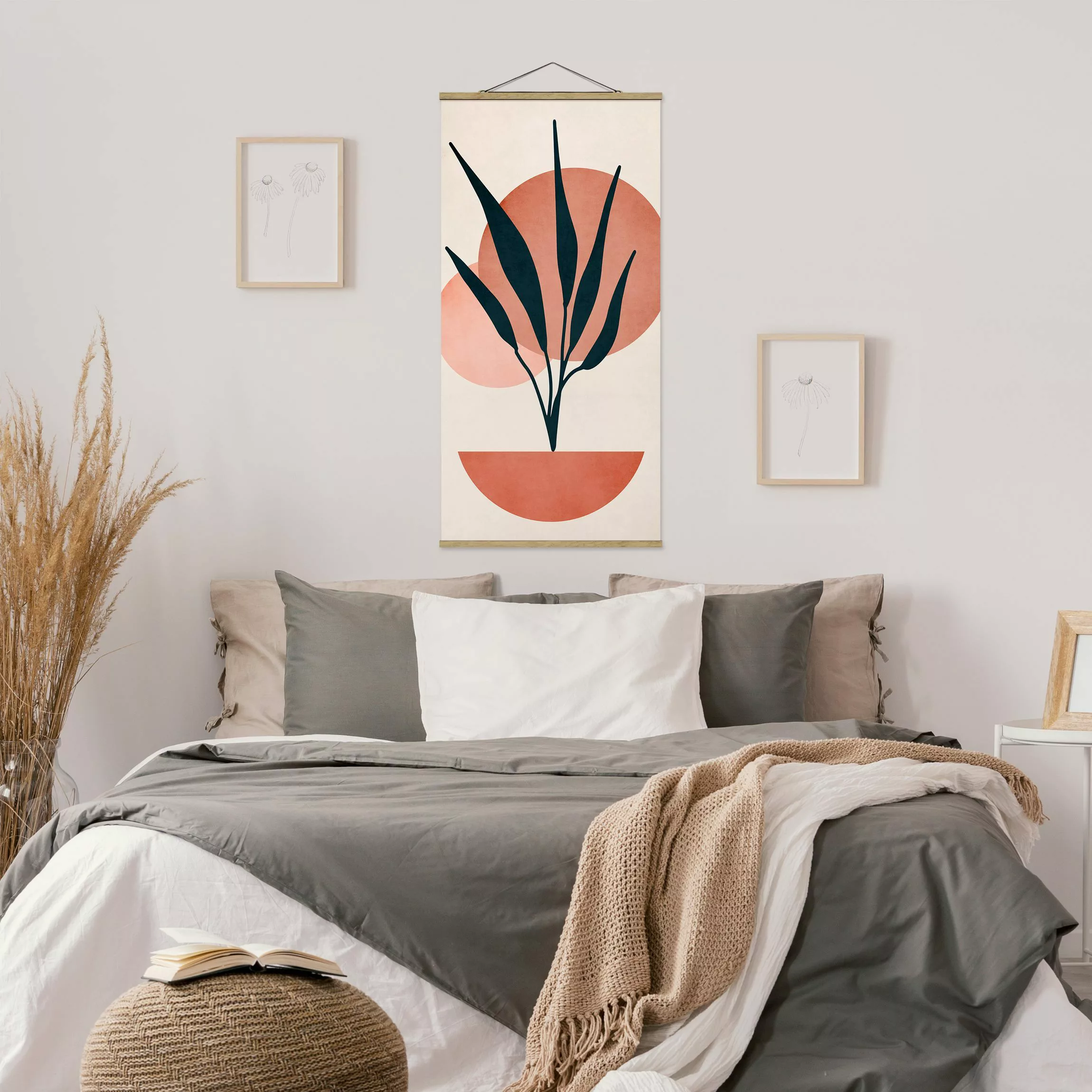 Stoffbild mit Posterleisten Pflanze und abstrakte Formen in Rosa günstig online kaufen