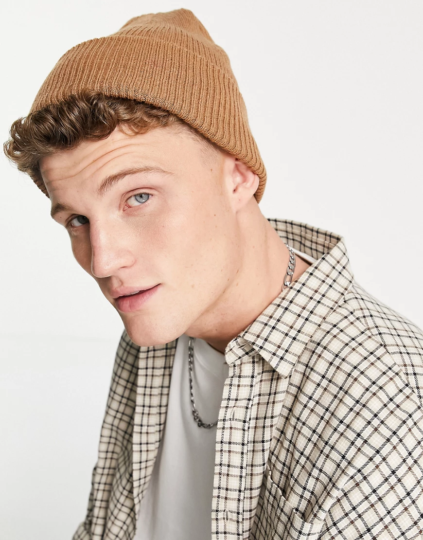 Topman – Beanie aus recyceltem Polyestermix in Camel-Neutral günstig online kaufen