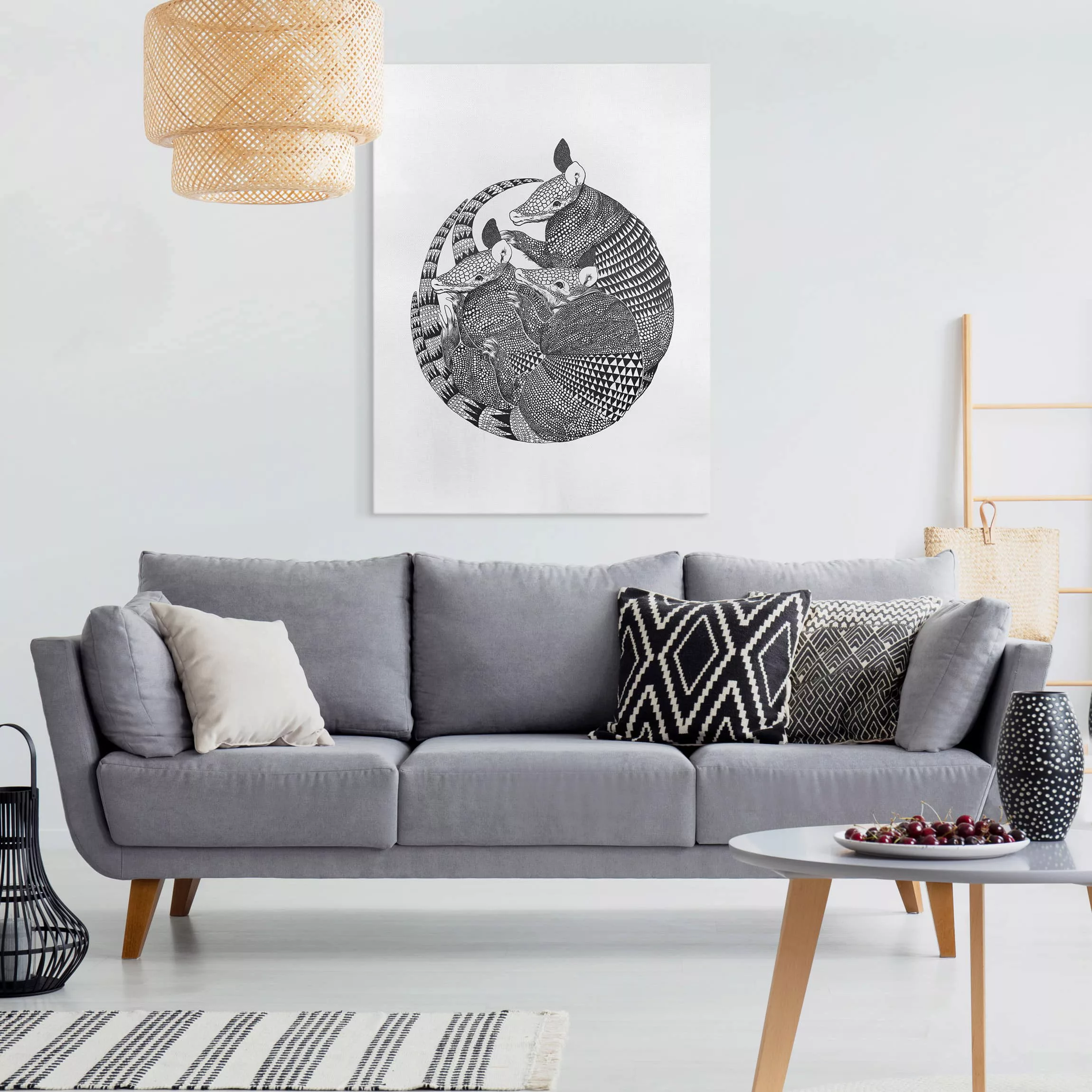Leinwandbild Tiere - Hochformat Illustration Gürteltiere Schwarz Weiß Muste günstig online kaufen